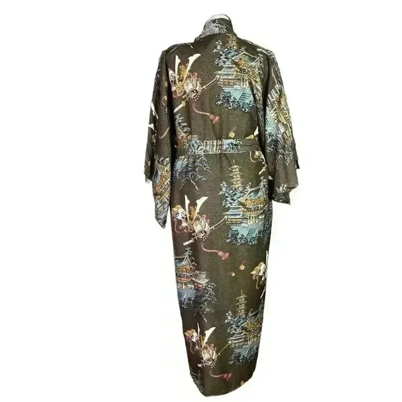 Japanese Kimono Brown Multicolor Mens Pagoda Samurai Helmet Print Lined Belt - Picture 7 of 8